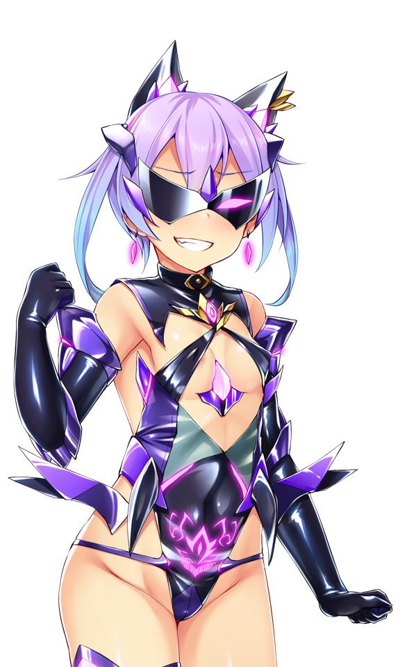 satou kuuki, fujii natsumi (ysphere), soukou seiki ysphere, game cg, large variant set, non-web source, official art, variant set, 1girl, animal ears, areola slip, black gloves, blue hair, blush, breasts, corruption, covered erect nipples, covered navel, cowboy shot, crown, dark persona, earrings, elbow gloves, evil aqua, evil grin, evil smile, gem, gloves, glowing, gradient hair, grin, hair between eyes, highleg, highleg leotard, jewelry, leotard, looking at viewer, mask, multicolored hair, pubic tattoo, purple hair, shiny clothes, short hair, simple background, small breasts, smile, solo, standing, sunglasses, tattoo, thighhighs, transparent background, twintails