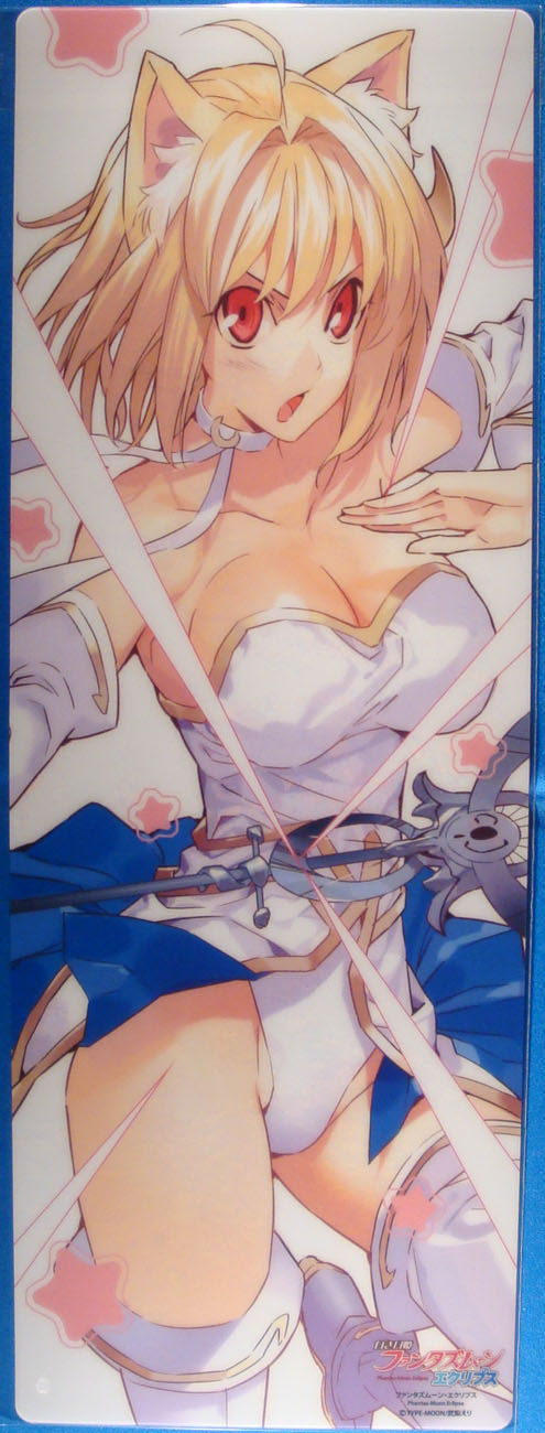 koyama hirokazu, morii shizuki, arcueid brunestud, phantas-moon, tsukihime, highres, 00s, 1girl, animal ears, bare shoulders, blonde hair, boots, breasts, cleavage, crescent, crescent hair ornament, dress, elbow gloves, female focus, gloves, hair ornament, large breasts, magical girl, red eyes, solo, staff, strapless, strapless dress, thigh boots, thighhighs