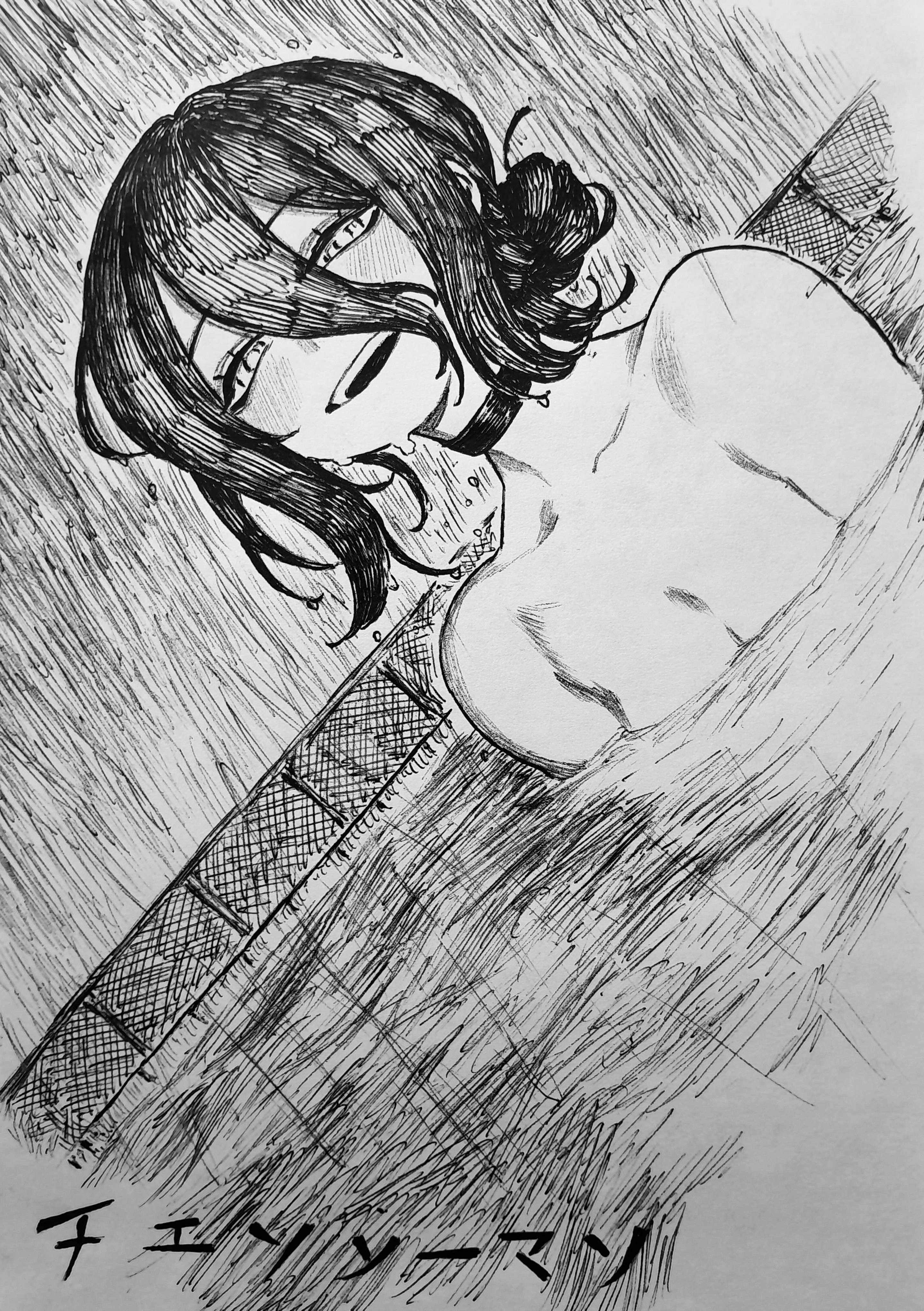 chronozbergh, reze (chainsaw man), chainsaw man, absurdres, highres, traditional media, 1girl, black choker, breasts, chain-link fence, choker, fence, greyscale, hair between eyes, hair bun, looking at viewer, monochrome, open mouth, outdoors, partially submerged, pool, small breasts, solo