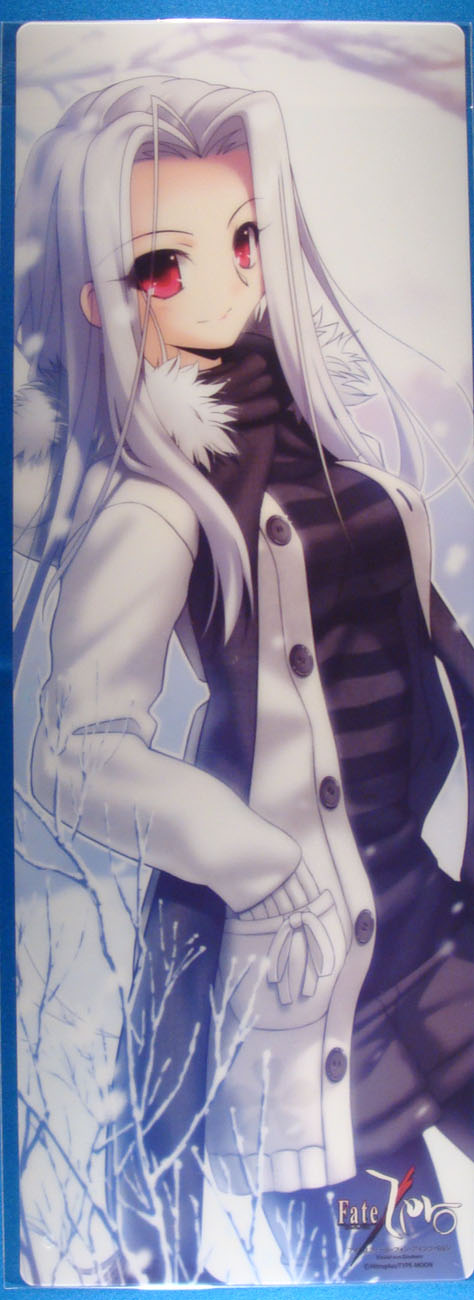 irisviel von einzbern, fate/stay night, fate/zero, fate (series), highres, scan, 00s, 1girl, coat, female focus, hands in pockets, nature, outdoors, pantyhose, pantyhose under shorts, red eyes, scarf, shorts, snow, solo, white hair