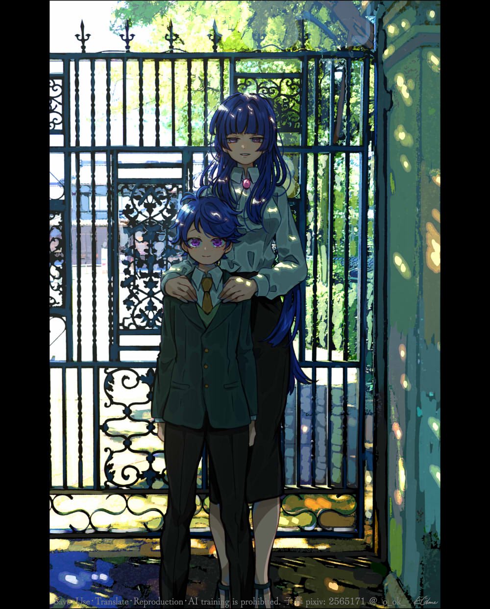 o ok, arisugawa dice, tohoten otome, hypnosis mic, commentary request, highres, spoilers, 1boy, 1girl, aged down, antenna hair, arms at sides, behind another, black pants, black skirt, blazer, blue hair, blunt bangs, blunt ends, bush, collared shirt, dappled sunlight, dress pants, foliage, gate, gem, green jacket, grin, hands on another's shoulders, height difference, hime cut, jacket, legs apart, long hair, long sleeves, looking at viewer, medium skirt, mother and son, necktie, outdoors, pants, parted bangs, pencil skirt, pillarboxed, pixiv id, purple eyes, purple gemstone, raised eyebrows, shade, shirt, shirt tucked in, short hair, skirt, smile, standing, strappy heels, sunlight, tree, twitter username, very long hair, white shirt, yellow necktie