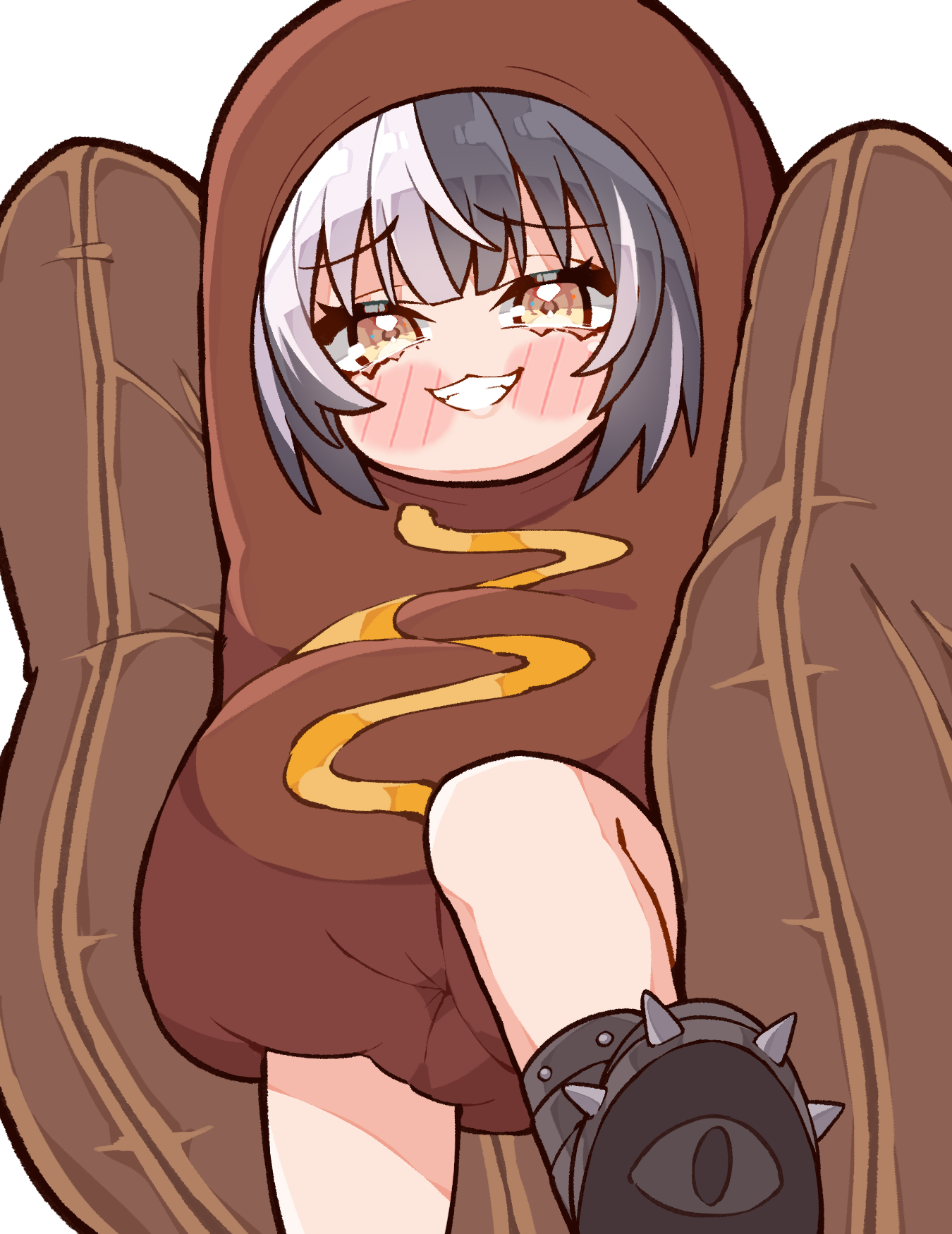 kukie-nyan, shiori novella, hololive, hololive english, highres, 1girl, black boots, black hair, boots, grey hair, grin, hot dog costume, looking at viewer, multicolored hair, simple background, smile, solo, spiked boots, split-color hair, teeth, two-tone hair, virtual youtuber, white background, yellow eyes