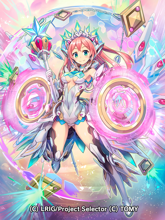 hokuyuu, wixoss, official art, boots, closed mouth, elbow gloves, gloves, green eyes, holding, holding shield, holding wand, leotard, long hair, looking at viewer, pink hair, servant f (wixoss), shield, smile, solo, twintails, wand, white boots, white gloves, white leotard