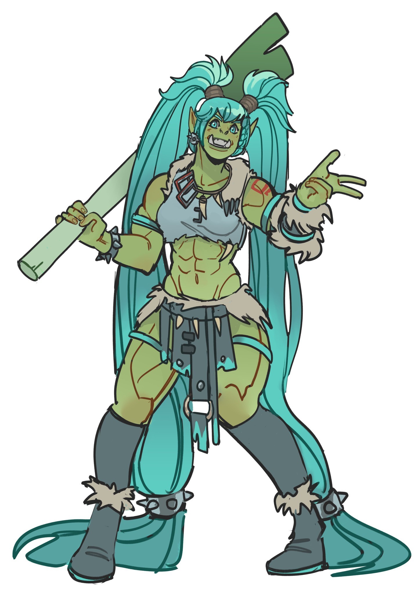 skaflog, hatsune miku, vocaloid, warcraft, world of warcraft, commentary, english commentary, highres, 1girl, abs, absurdly long hair, blue hair, bone necklace, boots, bracelet, colored skin, female orc, full body, green eyes, green skin, jewelry, knee boots, long hair, navel, orc, pointy ears, spiked bracelet, spikes, spring onion, standing, thigh strap, twintails, very long hair, white background