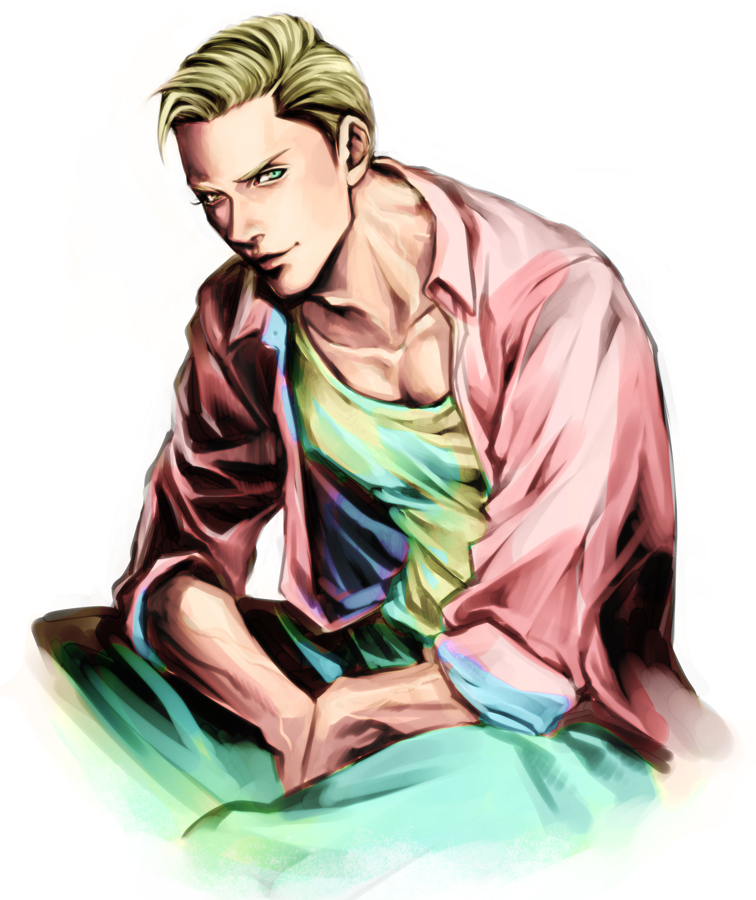 mayu (mt x my), kyokugen dasshutsu, zero escape: toki no dilemma, commentary request, 1boy, blonde hair, carlos (kyokugen dasshutsu), closed mouth, collarbone, jacket, male focus, open clothes, open jacket, pants, pink jacket, shirt, short hair, simple background, sitting, solo, white background