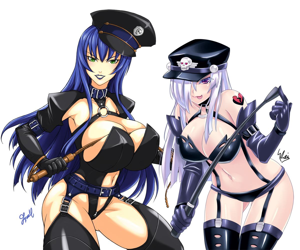 donguri, kaizeru, kanda (squall-rinoa), original, artist collaboration, 2girls, :p, bdsm, blue hair, breasts, bursting breasts, cleavage, collar, dominatrix, elbow gloves, garter belt, gloves, green eyes, hat, huge breasts, leather, midriff, multiple girls, navel, peaked cap, purple eyes, skindentation, thighhighs, tongue, tongue out, whip, white hair