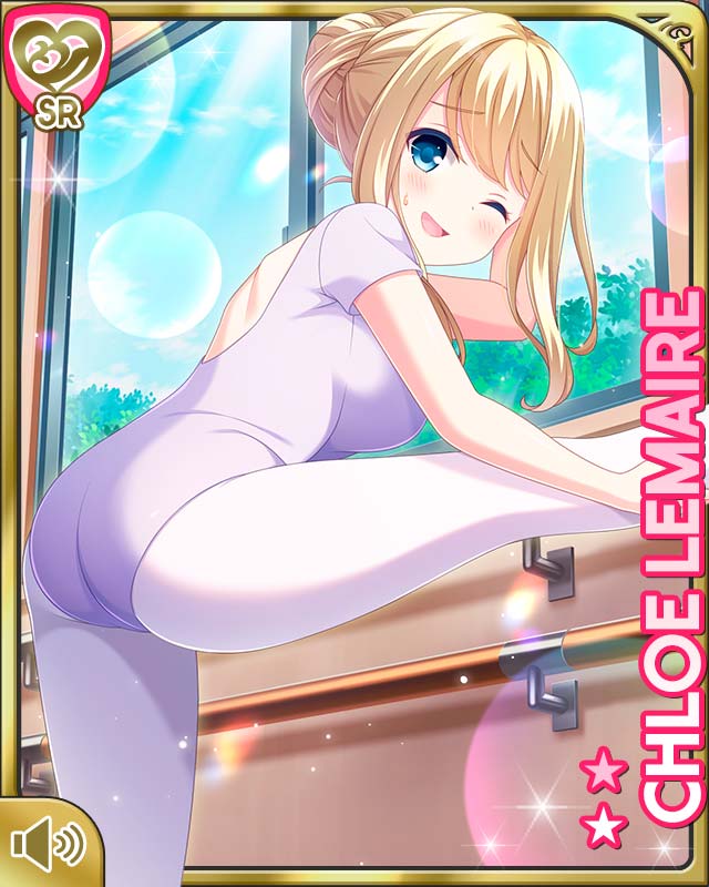 qp:flapper, chloe lemaire, girlfriend (kari), official art, tagme, 1girl, ;d, ass, ballerina, ballet, blonde hair, blue eyes, breasts, card, character name, gym, indoors, leotard, long hair, mat, one eye closed, open mouth, smile, solo, white leotard