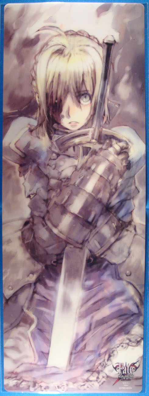 toi8, artoria pendragon (fate), saber (fate), fate/stay night, fate (series), highres, 00s, 1girl, ahoge, armor, armored dress, blonde hair, blood, blood on face, dress, female focus, green eyes, hair over one eye, injury, scar, solo, sword, weapon