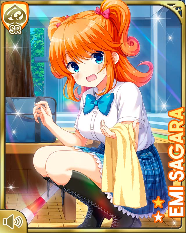 qp:flapper, sagara emi, girlfriend (kari), yellow towel, official art, tagme, 1girl, blue bow, blue eyes, blue skirt, bow, character name, hair behind ear, indoors, juggling club, kneeling, looking at viewer, open mouth, orange hair, plaid clothes, plaid skirt, ribbon, school uniform, shirt, shoes, skirt, surprised, thighhighs, two side up, white shirt