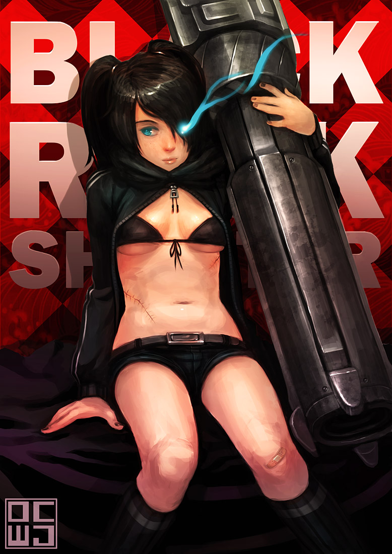 dcwj, black rock shooter (character), black rock shooter, vocaloid, 10s, 1girl, arm cannon, bandages, bandaid, bikini, bikini top only, black bikini, black hair, blue eyes, breasts, female focus, glowing, glowing eyes, huge weapon, midriff, navel, scar, shorts, sitting, solo, swimsuit, twintails, underboob, weapon