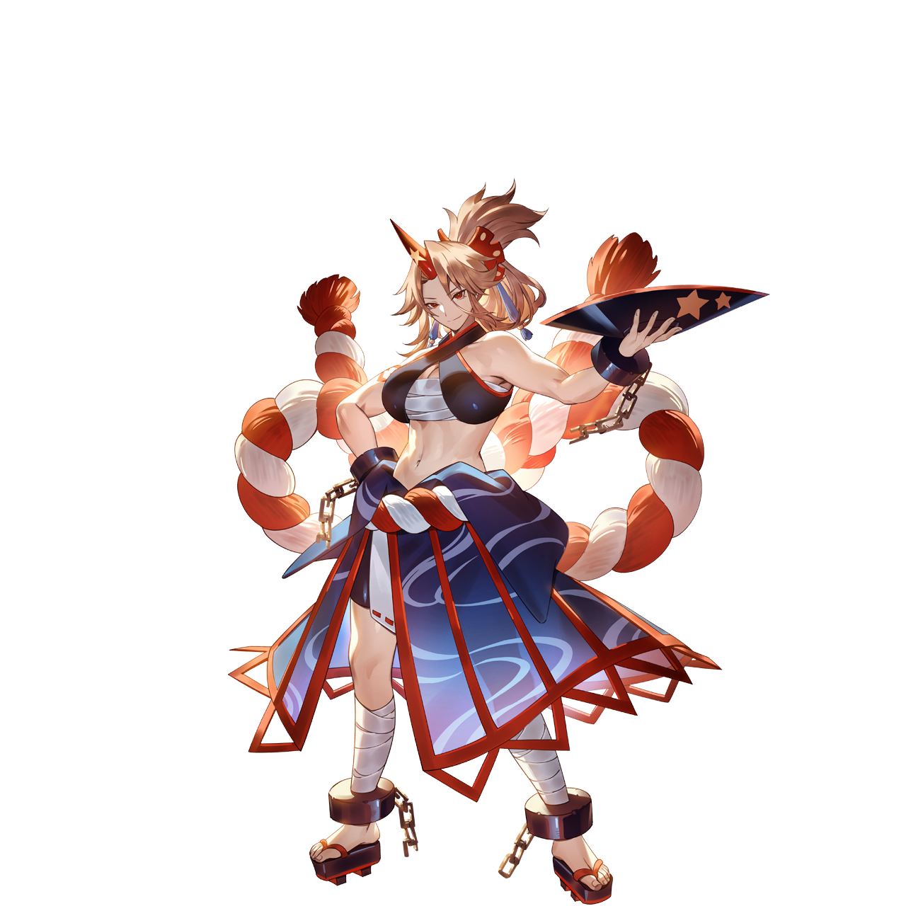 u u zan, hoshiguma yuugi, touhou, touhou gensou eclipse, game cg, highres, non-web source, official art, second-party source, 1girl, alternate costume, bandaged leg, bandages, blonde hair, blue skirt, breasts, broken, broken chain, chain, chest sarashi, cleavage, closed mouth, cuffs, cup, full body, geta, holding, holding cup, horns, kouhaku nawa, long hair, looking at viewer, midriff, navel, oni, red eyes, red horns, rope, sakazuki, sarashi, shackles, shimenawa, single horn, skirt, smile, solo, star (symbol), toes, transparent background