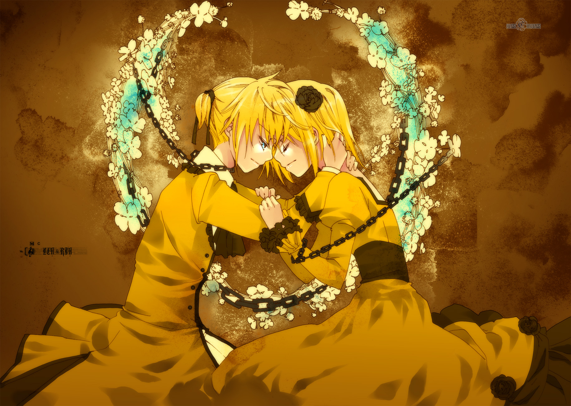chry (abbey bc), allen avadonia, kagamine len, kagamine rin, riliane lucifen d'autriche, aku no musume (vocaloid), evillious nendaiki, vocaloid, bad id, bad pixiv id, highres, 1boy, 1girl, blonde hair, blue eyes, brother and sister, chain, closed eyes, dress, flower, hair ribbon, kneeling, ribbon, rose, siblings, twins