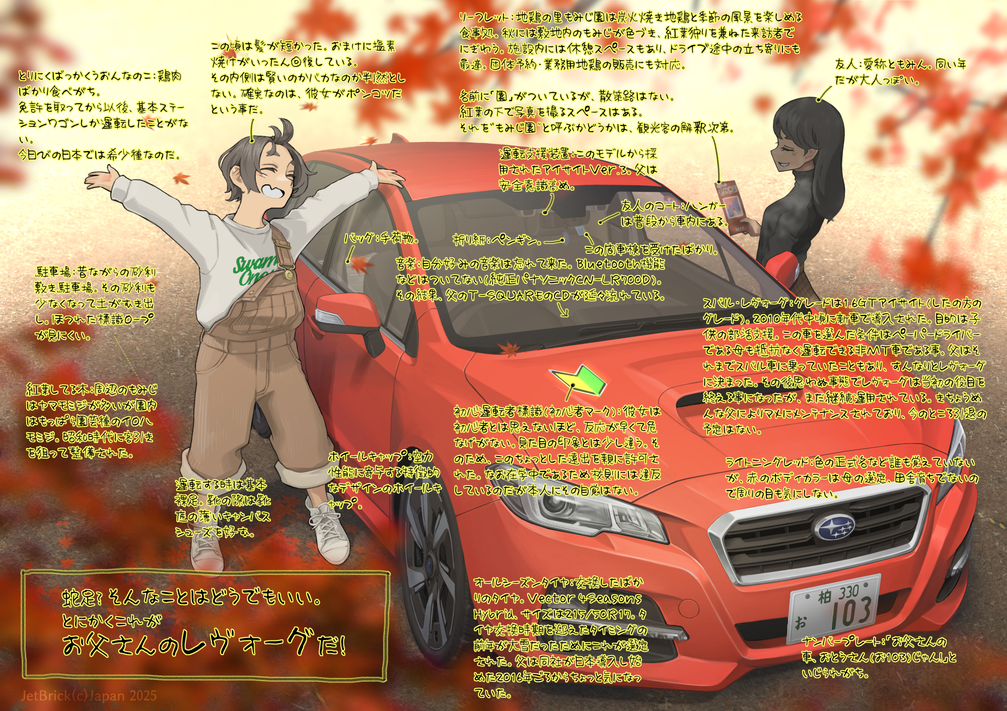 jettoburikku, original, subaru (brand), commentary request, highres, translation request, 2girls, arms up, artist name, autumn leaves, black hair, black jacket, blurry, blurry foreground, brown overalls, brown skirt, car, checkered clothes, checkered skirt, copyright notice, dark-skinned female, dark skin, falling leaves, full body, grin, happy, holding, holding paper, jacket, leaf, license plate, logo, long sleeves, maple leaf, motor vehicle, multiple girls, outdoors, overalls, pamphlet, paper, product placement, red car, right-hand drive, shoes, shoshinsha mark, skirt, smile, sneakers, standing, subaru levorg, sweater, teeth, vehicle focus, white shoes, white sweater