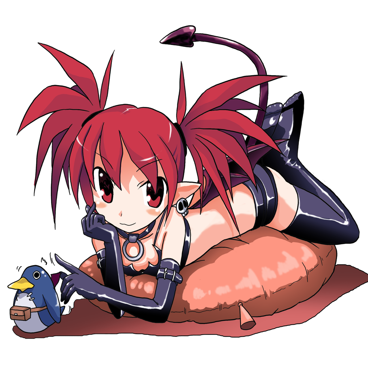 takaya n, etna (disgaea), prinny, disgaea, highres, bat wings, choker, demon girl, elbow gloves, feet, flat chest, gloves, lying, miniskirt, on stomach, pillow, pointy ears, red eyes, red hair, skirt, solo, tail, thighhighs, twintails, wings