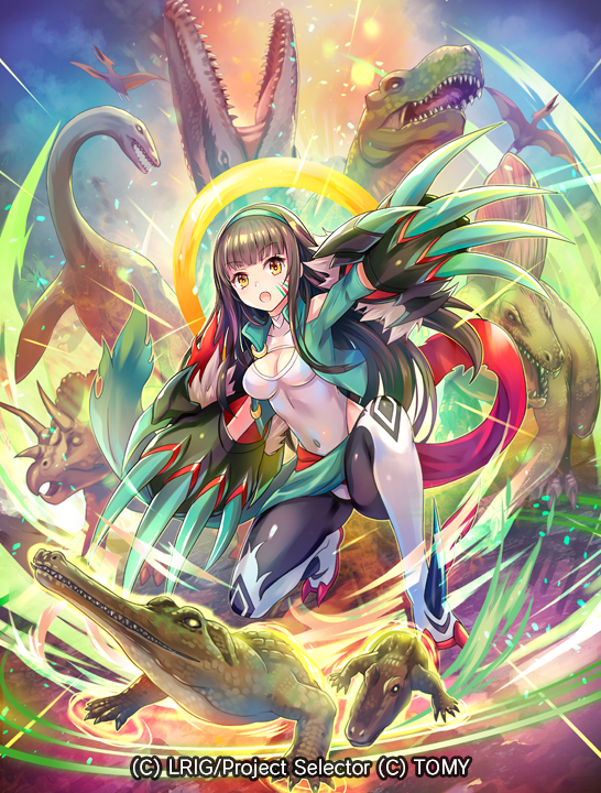 hokuyuu, yuzuki (wixoss), wixoss, animal request, copyright request, official art, 1girl, black pantyhose, breasts, brown eyes, brown hair, cleavage, covered navel, cropped jacket, dinosaur, green jacket, jacket, leotard, long hair, looking at viewer, navel, pantyhose, pterosaur, sidelocks, small breasts, solo, triceratops, tyrannosaurus rex, white leotard