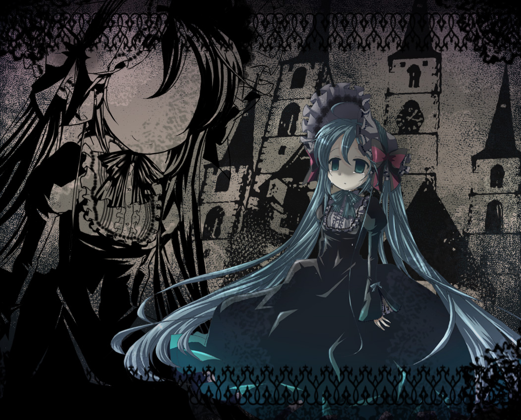 y ojisan, hatsune miku, vocaloid, bad id, bad pixiv id, ahoge, aqua eyes, aqua hair, dress, empty eyes, frills, gothic lolita, hair ribbon, hat, lolita fashion, long hair, ribbon, solo, tears, twintails