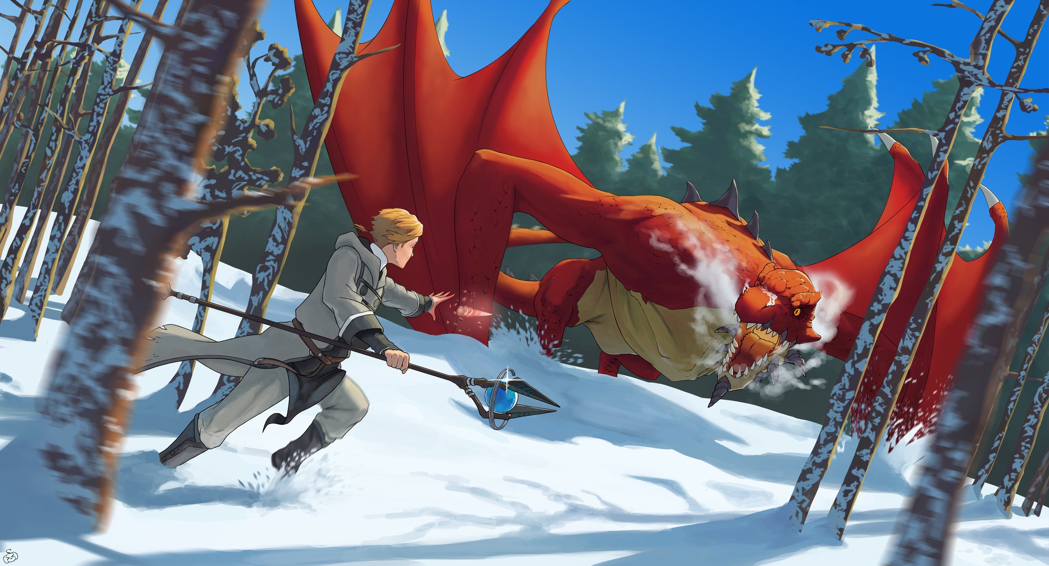 aqwariate, rudeus greyrat, mushoku tensei, highres, 1boy, aqua heartia, bare tree, blue sky, brown hair, casting spell, coat, day, dragon, fighting, hood, hooded coat, looking at another, mage staff, outdoors, running, sky, snow, staff, steam, tree, winter