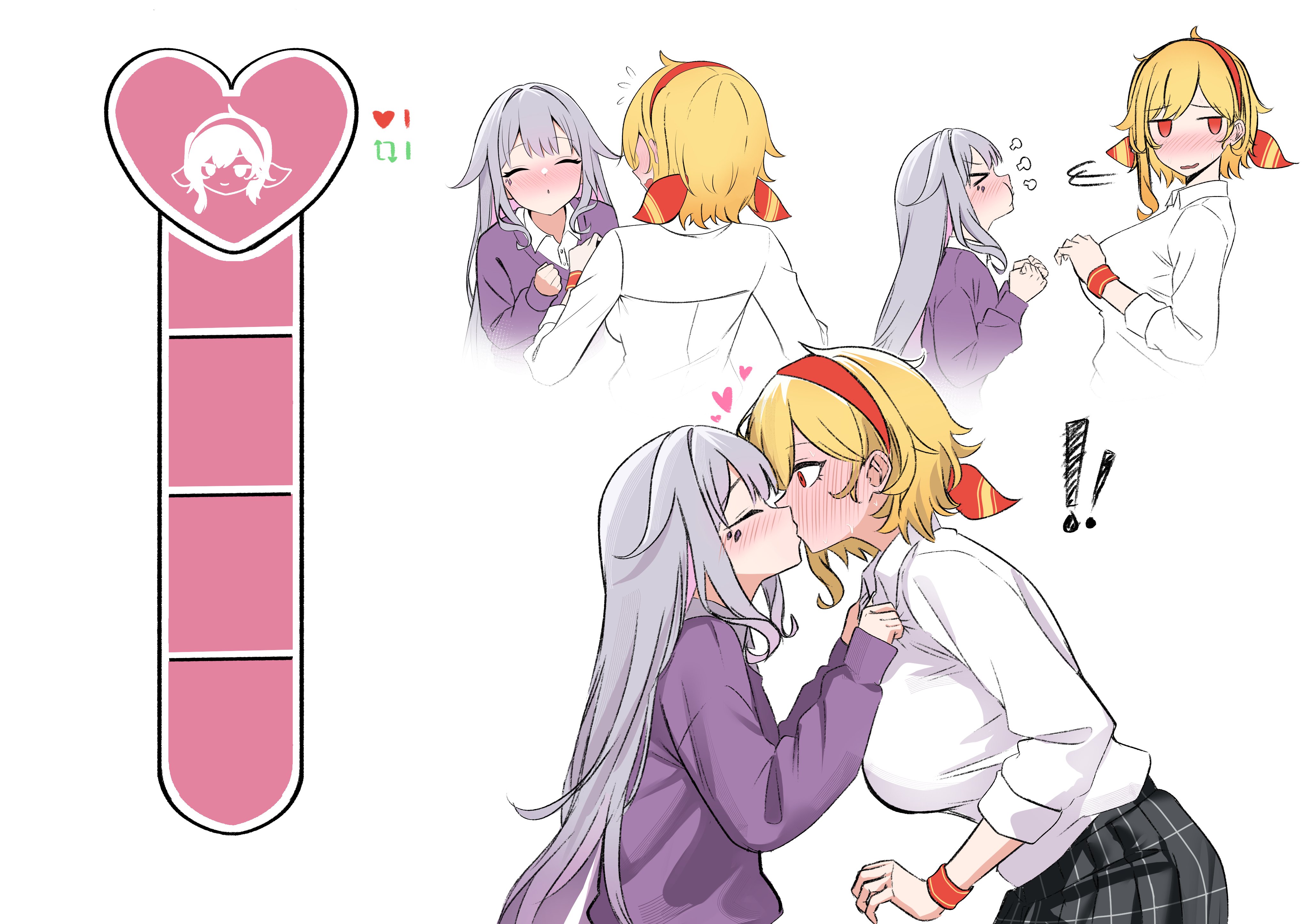 raikkonen, kaela kovalskia, koseki bijou, hololive, hololive english, hololive indonesia, absurdres, highres, !, !!, 2girls, alternate costume, black skirt, blonde hair, blush, closed eyes, collared shirt, colored inner hair, grey hair, hairband, heart, kiss, long hair, medium hair, multicolored hair, multiple girls, pout, purple hair, purple sweater, red eyes, red hairband, school uniform, shirt, simple background, skirt, sweater, white background, white shirt, yuri