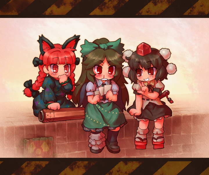 sankuma, kaenbyou rin, reiuji utsuho, shameimaru aya, touhou, 3girls, animal ears, black hair, black wings, blood, braid, cat ears, cat girl, cat tail, female focus, geta, hair ribbon, hat, long hair, multiple girls, nosebleed, photo (object), red eyes, red hair, ribbon, short hair, tail, tengu-geta, tokin hat, twin braids, twintails, wings