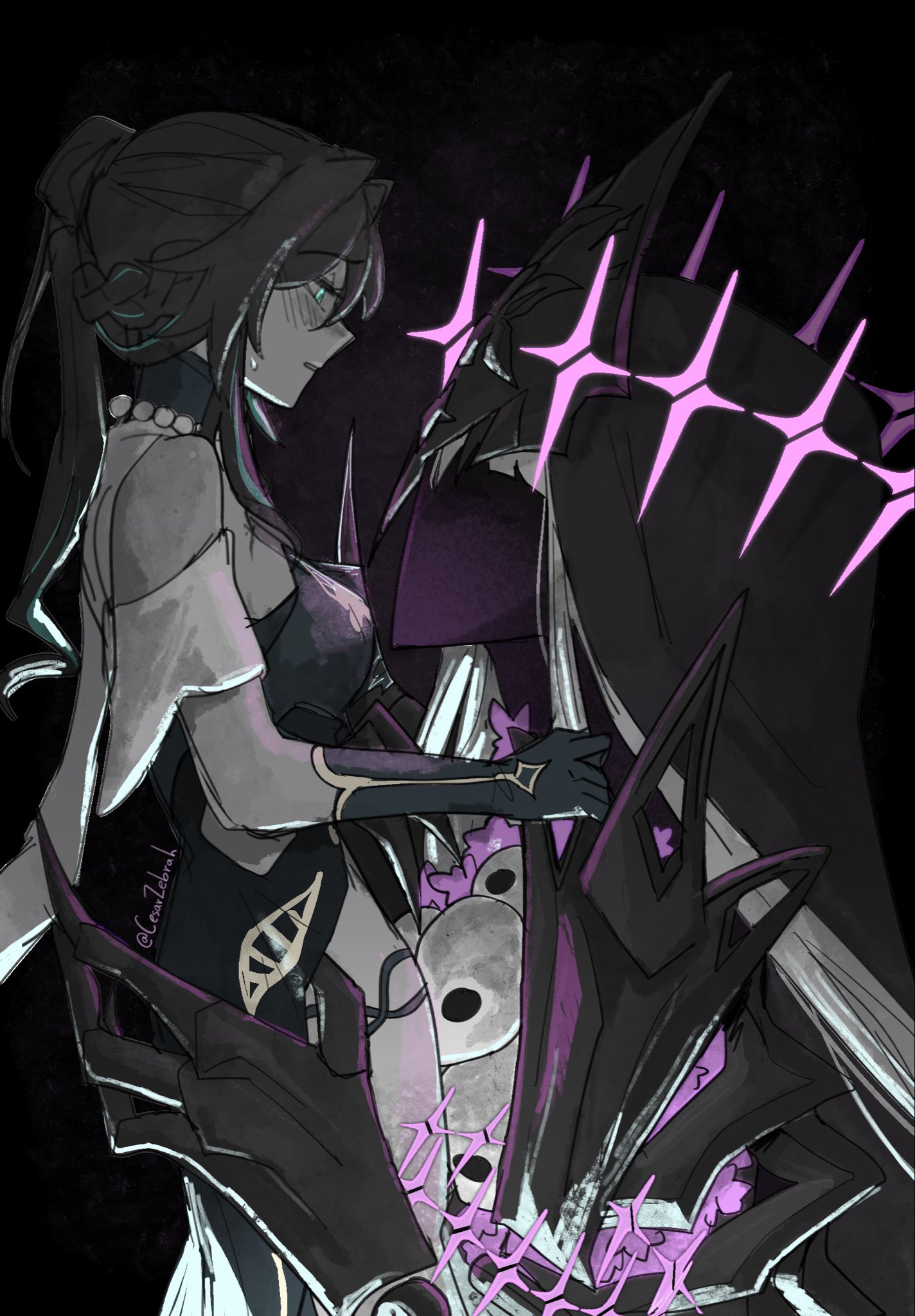 cesar zebrah, herta (honkai: star rail), irontomb, ruan mei (honkai: star rail), the herta (honkai: star rail), honkai: star rail, honkai (series), highres, 2girls, artist name, black hair, blue eyes, chinese clothes, gloves, hat, jewelry, long hair, multiple girls, necklace, official alternate costume, skull, thigh strap