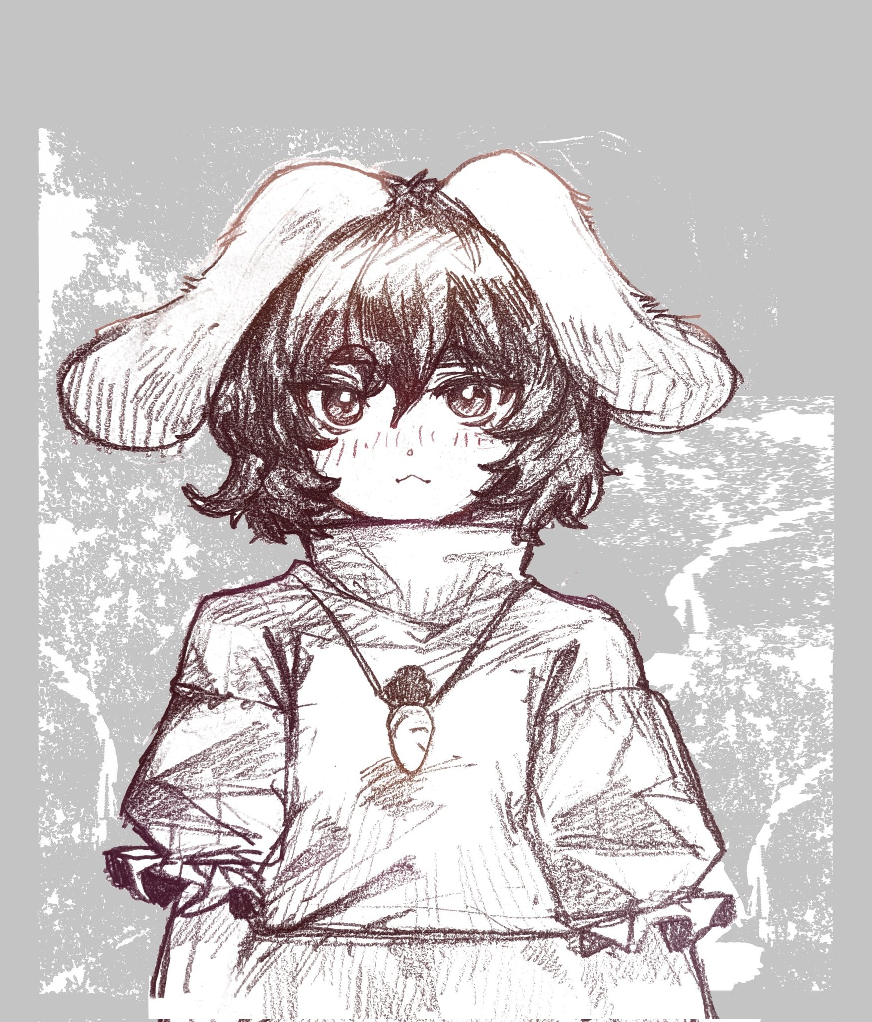nio (meple nio), inaba tewi, touhou, commentary, highres, 1girl, animal ears, blush, carrot necklace, closed mouth, expressionless, floppy ears, frilled sleeves, frills, greyscale, jewelry, looking at viewer, monochrome, necklace, puffy short sleeves, puffy sleeves, rabbit ears, rabbit girl, short hair, short sleeves, solo, upper body