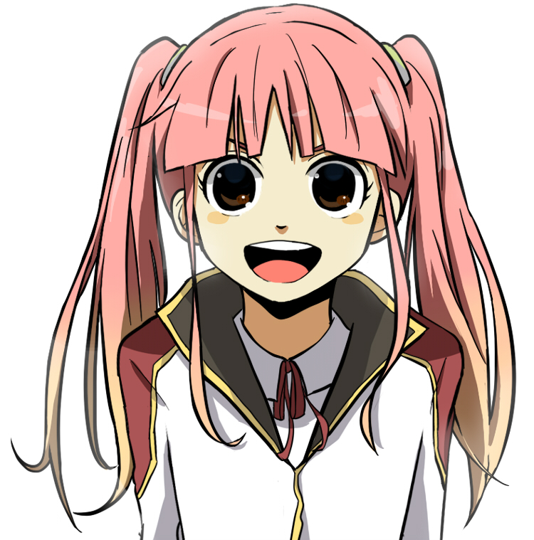 poripori, kayanuma kiko, darker than black, bad id, bad pixiv id, 00s, 1girl, :d, bow, brown eyes, female focus, jacket, long hair, open mouth, pink hair, ribbon, shirt, simple background, smile, solo, twintails, white background
