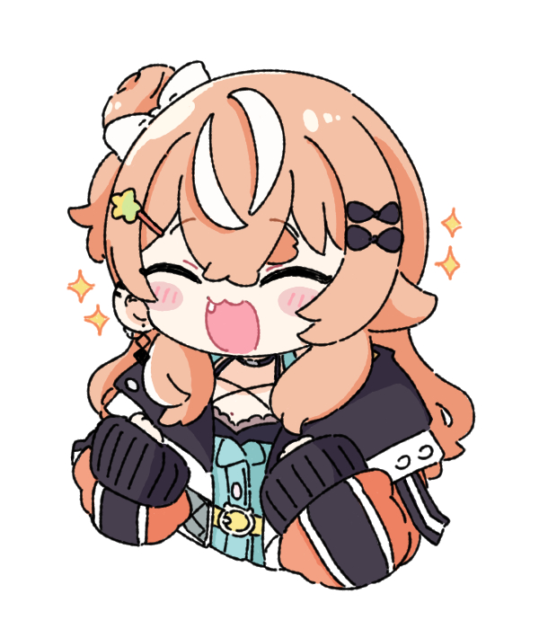 nozo (hitomiz), igarashi rika, igarashi rika (1st costume), nijisanji, commentary, 1girl, :d, ^ ^, black bow, blue dress, blush stickers, bow, brown hair, brown jacket, chibi, closed eyes, cropped torso, dress, fang, hair bow, hair bun, hair ornament, hairclip, jacket, long hair, long sleeves, multicolored hair, one side up, open mouth, puffy long sleeves, puffy sleeves, simple background, single side bun, sleeves past wrists, smile, solo, sparkle, star (symbol), star hair ornament, streaked hair, upper body, virtual youtuber, white background, white bow, white hair