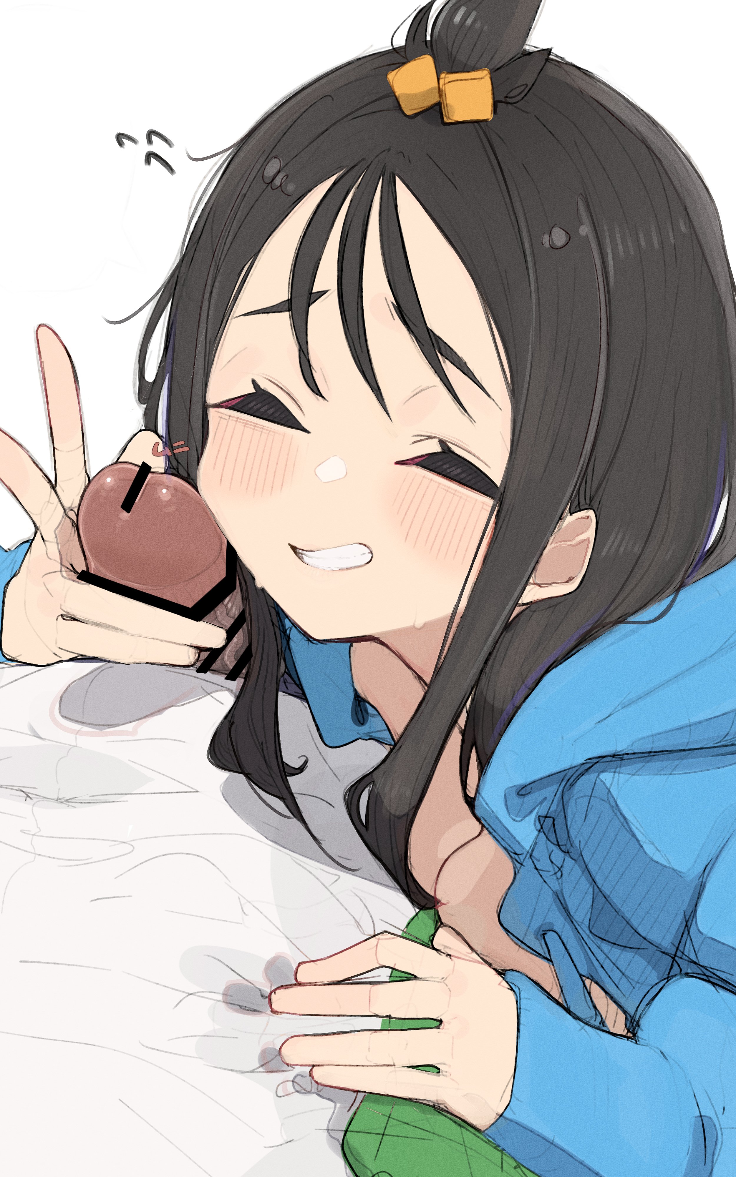 kia 0088, lida (pokemon), nintendo, pokemon, pokemon legends: z-a, absurdres, highres, 1boy, 1girl, bar censor, black hair, blue hoodie, blush, censored, closed eyes, cube hair ornament, erection, grin, hair ornament, hetero, hood, hoodie, long hair, long sleeves, penis, penis on face, simple background, smile, solo focus, topknot, white background