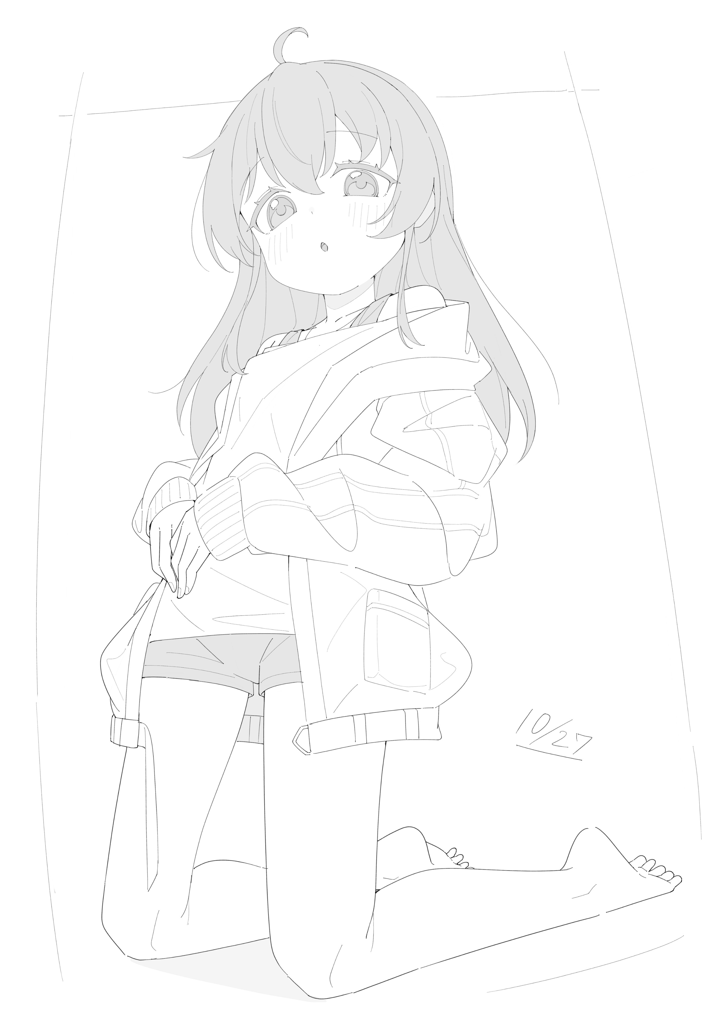 okota mikan, original, absurdres, highres, 1girl, ahoge, bare legs, bare shoulders, barefoot, blush, dated, full body, greyscale, hair between eyes, jacket, kneeling, long hair, long sleeves, looking at viewer, monochrome, off-shoulder shirt, off shoulder, open clothes, open jacket, parted lips, puffy long sleeves, puffy sleeves, shirt, short shorts, shorts, sleeves past wrists, solo, white background