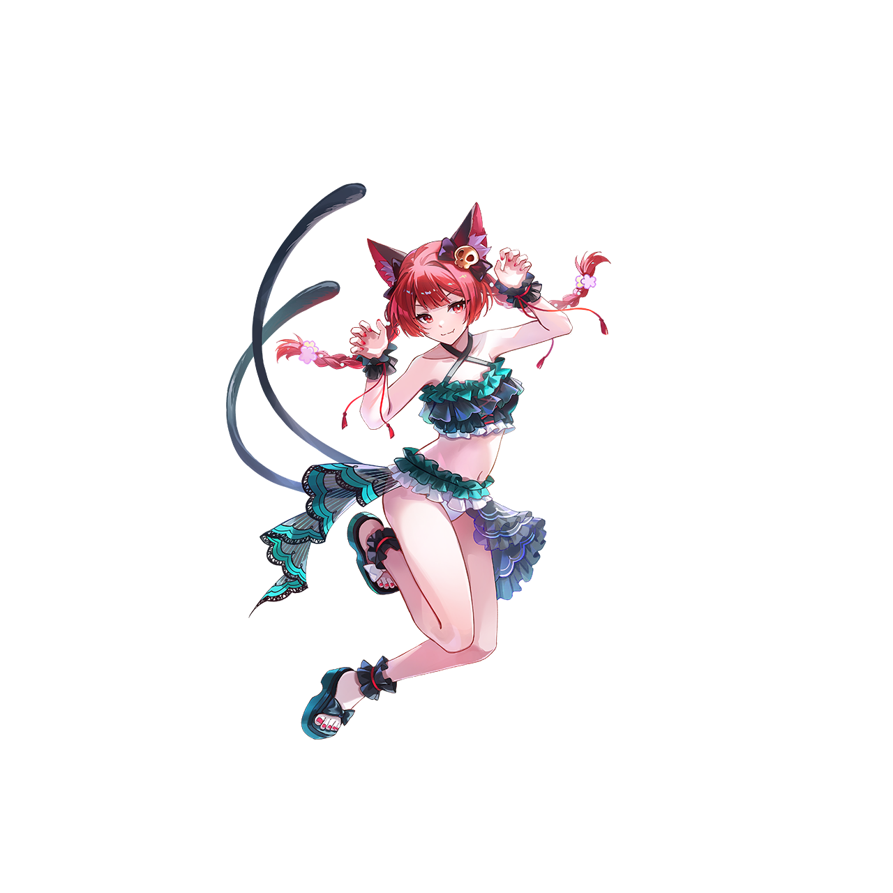 u u zan, kaenbyou rin, touhou, touhou gensou eclipse, game cg, highres, non-web source, official art, second-party source, 1girl, alternate costume, animal ear fluff, animal ears, ankle cuffs, bikini, black sandals, bow, braid, cat ears, claw pose, closed mouth, collarbone, criss-cross halter, frilled bikini, frills, green bikini, hair bow, hair ornament, halterneck, long sleeves, multiple tails, nail polish, navel, red eyes, red hair, red nails, sandals, skull hair ornament, smile, solo, stomach, swimsuit, tail, toenail polish, toenails, transparent background, twin braids, two tails, wrist cuffs