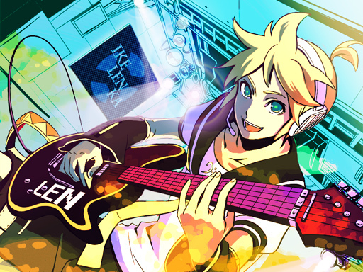 damaco, kagamine len, vocaloid, bad id, bad pixiv id, 1boy, blonde hair, character name, green eyes, guitar, headphones, headset, instrument, male focus, ponytail, school uniform, serafuku, smile, solo, suspenders, upper body