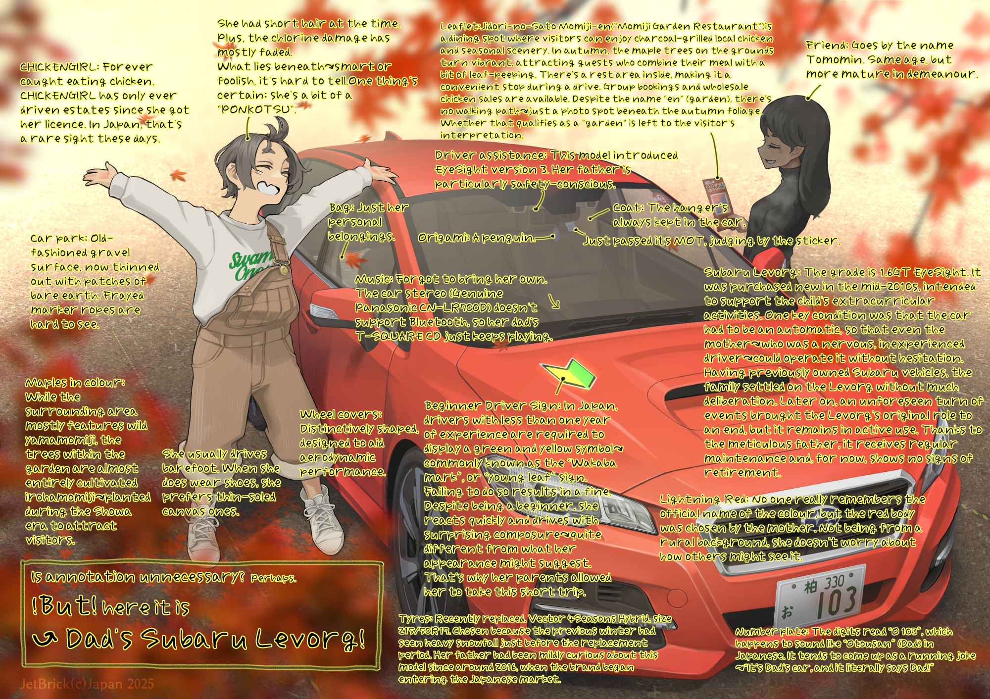 jettoburikku, original, subaru (brand), commentary request, highres, 2girls, arms up, artist name, autumn leaves, black hair, black jacket, blurry, blurry foreground, brown overalls, brown skirt, car, checkered clothes, checkered skirt, copyright notice, dark-skinned female, dark skin, english text, falling leaves, full body, grin, happy, holding, holding paper, jacket, leaf, license plate, logo, long sleeves, maple leaf, motor vehicle, multiple girls, outdoors, overalls, pamphlet, paper, pointing out the details, product placement, red car, right-hand drive, shoes, shoshinsha mark, skirt, smile, sneakers, standing, subaru levorg, sweater, teeth, vehicle focus, white shoes, white sweater