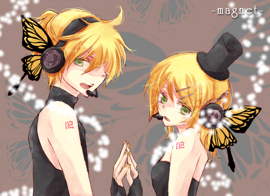 rui (pixiv352322), ruirui69, kagamine len, kagamine rin, magnet (vocaloid), vocaloid, bad id, bad pixiv id, 1boy, 1girl, blonde hair, brother and sister, butterfly wings, green eyes, hair ornament, hairclip, hat, headphones, headset, insect wings, mini hat, mini top hat, nail polish, open mouth, short hair, siblings, symmetrical hand pose, top hat, twins, wings, yellow nails