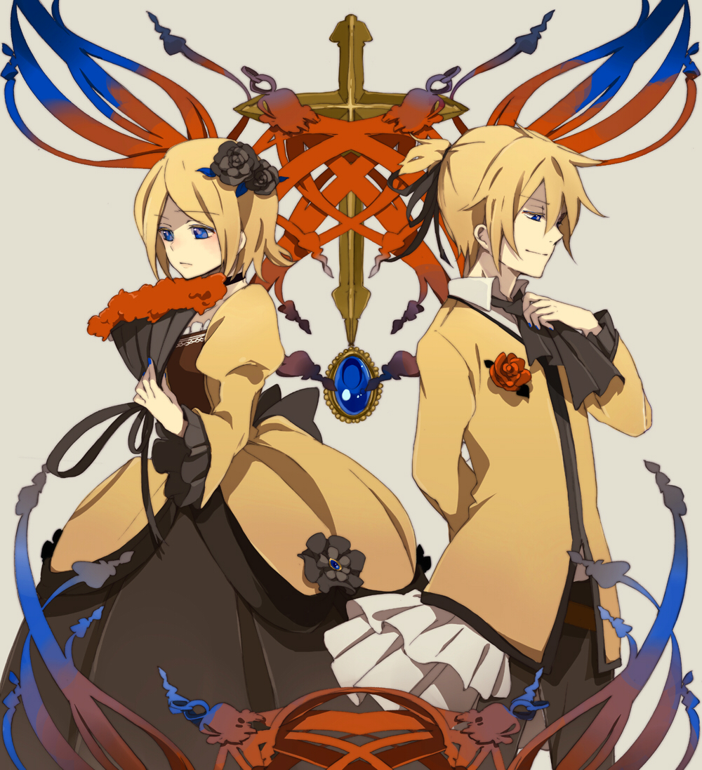 loo, allen avadonia, kagamine len, kagamine rin, riliane lucifen d'autriche, aku no musume (vocaloid), evillious nendaiki, vocaloid, bad id, bad pixiv id, 1boy, 1girl, blonde hair, blue eyes, brother and sister, dress, flower, formal clothes, hair ribbon, hand fan, jewelry, ribbon, rose, short hair, siblings, smile, twins