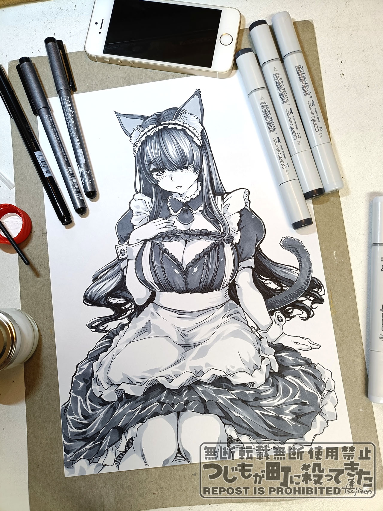 tsujizen, original, highres, pen (medium), photo (medium), traditional media, 1girl, animal ears, blush, breasts, cat ears, cat girl, cat tail, cleavage, cleavage cutout, clothing cutout, dress, eyebrows hidden by hair, hair between eyes, hair over one eye, hand on own chest, large breasts, long hair, looking at viewer, maid, maid headdress, monochrome, open mouth, simple background, sitting, solo, tail, white background, wrist cuffs
