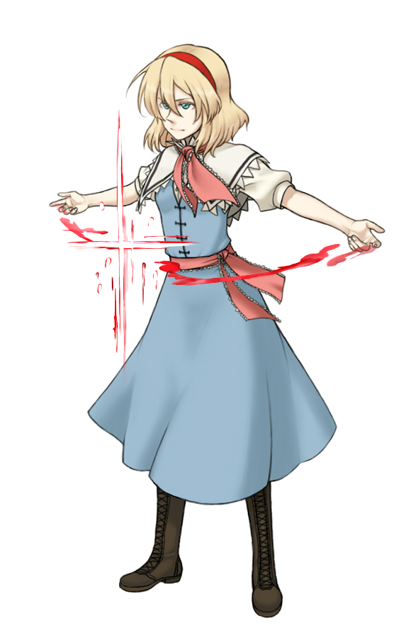 torinone, alice margatroid, touhou, 1girl, blonde hair, blood, blue eyes, cross, female focus, full body, hairband, headband, simple background, solo