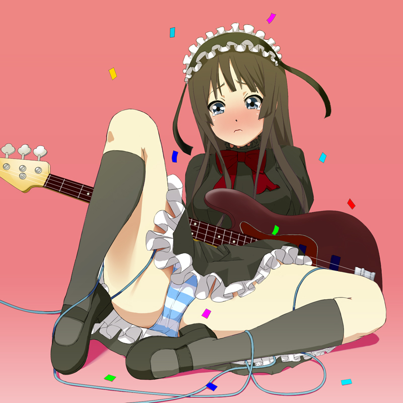 majoora, akiyama mio, fuwafuwa time, k-on!, 00s, 1girl, bass guitar, black hair, blue eyes, blush, confetti, dress, female focus, gradient background, hairband, instrument, kneehighs, long hair, panties, pantyshot, socks, solo, spread legs, striped clothes, striped panties, tears, underwear