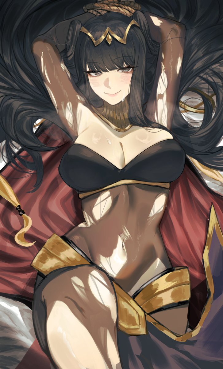 levvimi, tharja (fire emblem), fire emblem, fire emblem awakening, nintendo, highres, 1girl, armpits, arms up, black hair, blunt bangs, blush, bodystocking, bound, bound arms, breasts, cape, circlet, cleavage, large breasts, long hair, looking at viewer, navel, skin tight, smile, solo, sweat, torn bodystocking, torn clothes, two-tone cape