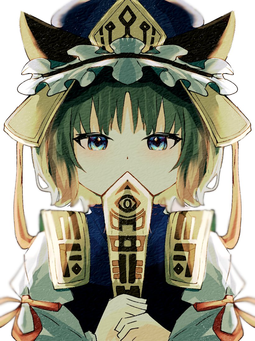 yupopopopon, shiki eiki, touhou, commentary request, 1girl, blue eyes, blue hat, blue vest, covered mouth, epaulettes, frilled hat, frills, green hair, hat, holding, long sleeves, looking at viewer, red ribbon, ribbon, rod of remorse, shirt, short hair, simple background, sleeve ribbon, solo, upper body, vest, white background, white shirt