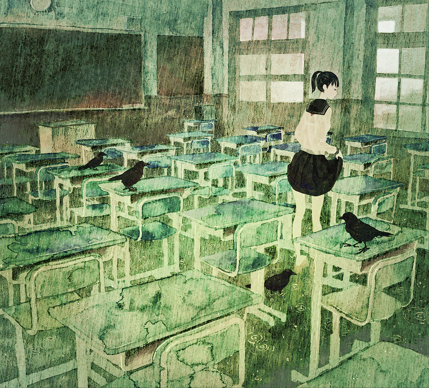 kumaori jun, original, vocaloid, bad id, bad pixiv id, 1girl, barefoot, bird, black hair, classroom, crow, female focus, flood, rain, school, school uniform, serafuku, solo
