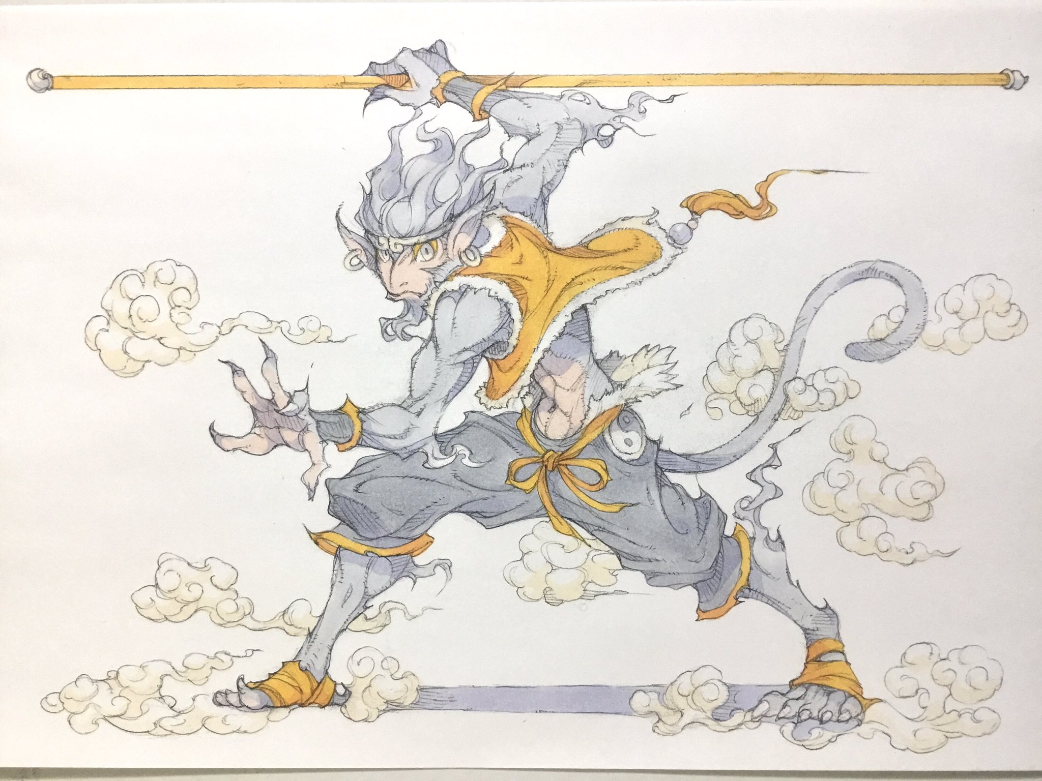 peter salt, sun wukong, journey to the west, commentary, highres, traditional media, animal ears, bandaged foot, bandages, beard, black pants, bo staff, claws, closed mouth, colored skin, earrings, facial hair, fingernails, full body, fur-trimmed vest, fur trim, grey eyes, grey hair, grey skin, holding, holding staff, hoop earrings, jewelry, looking at viewer, male focus, midriff, monkey boy, monkey ears, monkey tail, navel, orange vest, pants, ruyi jingu bang, sharp fingernails, staff, standing, steam, tail, toned, toned male, vest, wristband