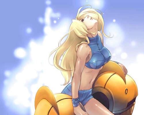 samus aran, metroid, metroid fusion, nintendo, lowres, official art, 1girl, :d, arm support, armor, bare shoulders, blonde hair, blue background, blue eyes, breasts, cowboy shot, crop top, female focus, from side, glowing, halterneck, large breasts, light particles, long hair, looking up, midriff, navel, open mouth, power suit, power suit (metroid), profile, short shorts, shorts, sleeveless, smile, solo, turtleneck, undressing, varia suit, very long hair, wristband