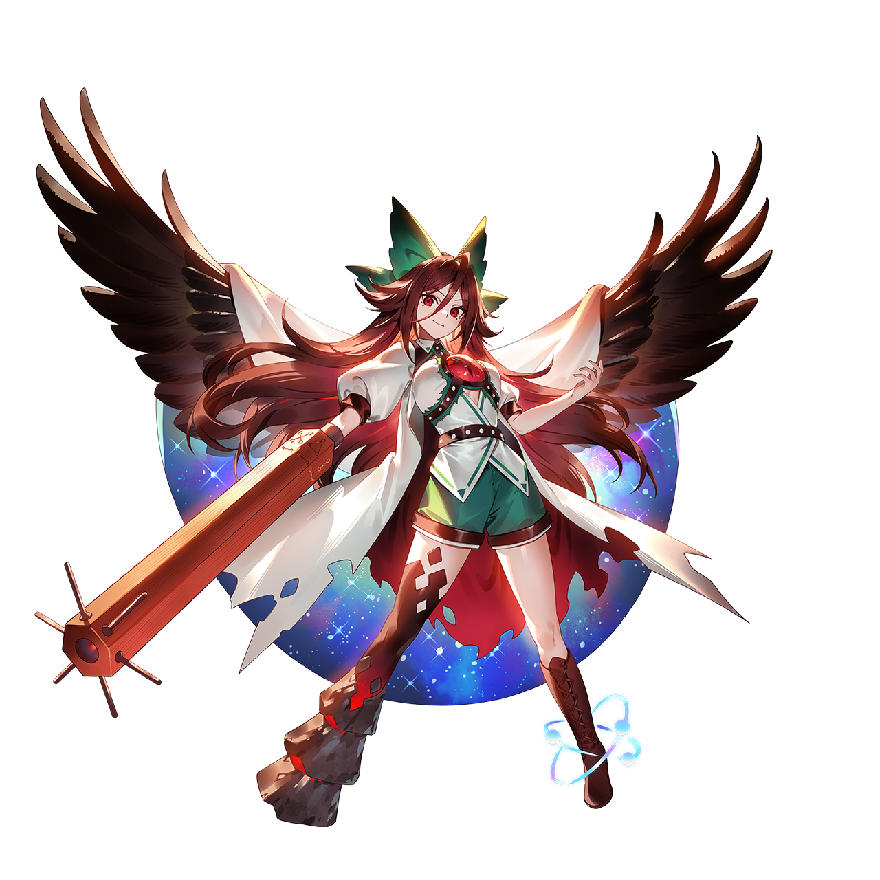 u u zan, reiuji utsuho, touhou, touhou gensou eclipse, clothing request, game cg, highres, non-web source, official art, second-party source, 1girl, adapted costume, arm cannon, asymmetrical footwear, bird wings, black wings, boots, bow, breasts, brown hair, cape, closed mouth, control rod (touhou), feathered wings, full body, green bow, green shorts, hair bow, long hair, looking at viewer, mismatched footwear, puffy short sleeves, puffy sleeves, red eyes, short sleeves, shorts, smile, solo, third eye, transparent background, underboob, very long hair, weapon, wings