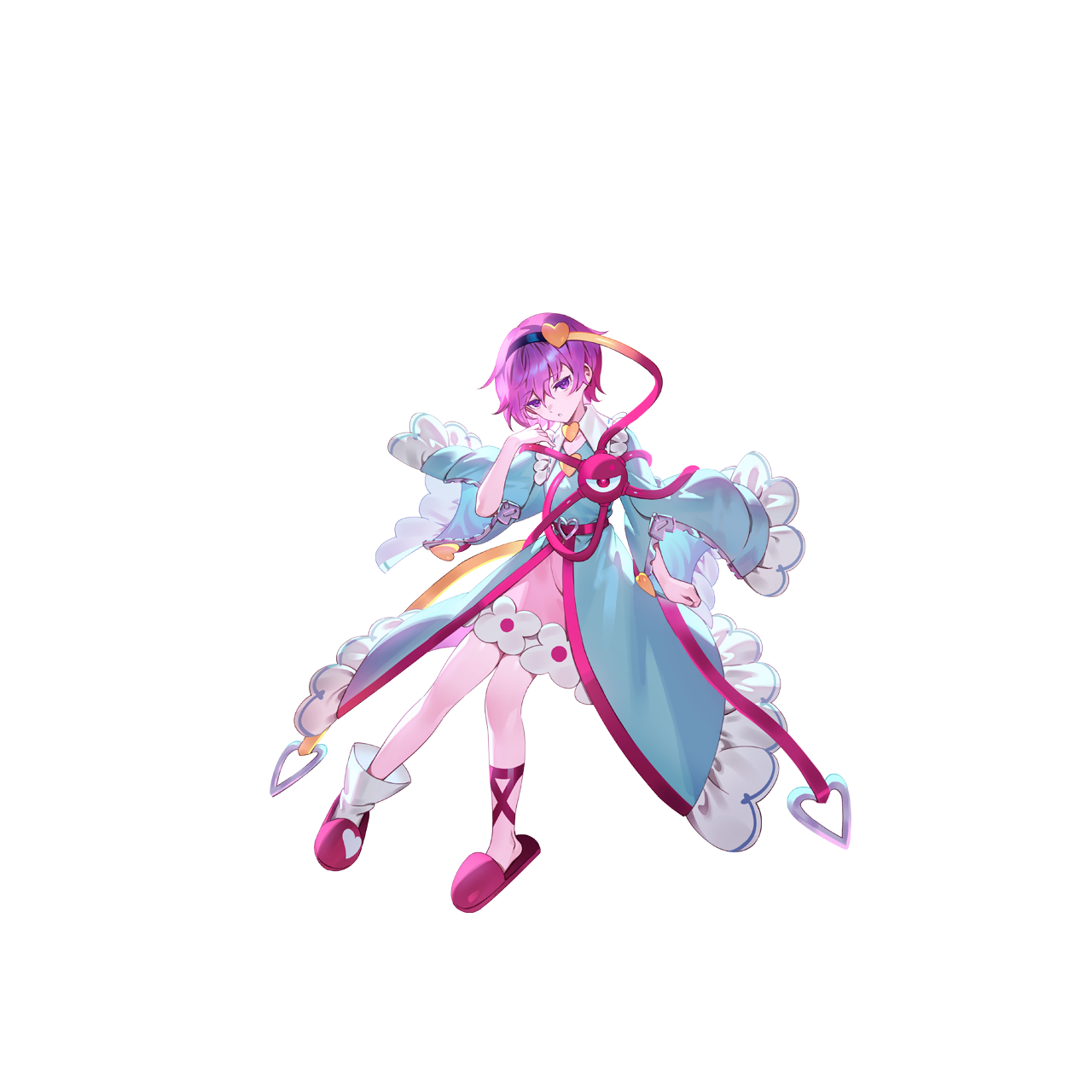 u u zan, komeiji satori, touhou, touhou gensou eclipse, game cg, highres, non-web source, official art, second-party source, 1girl, adapted costume, black hairband, blue dress, collared shirt, dress, eyeball, frilled shirt collar, frilled sleeves, frills, full body, hair between eyes, hair ornament, hairband, heart, heart hair ornament, long sleeves, looking at viewer, parted lips, pink eyes, pink hair, pink skirt, red slippers, ribbon-trimmed collar, ribbon trim, shirt, short hair, single sock, skirt, sleeve zipper, slippers, socks, solo, third eye, transparent background, white socks, wide sleeves, zipper, zipper pull tab