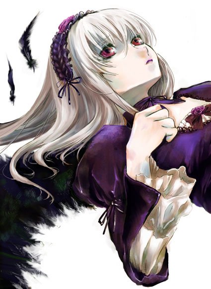 kazumiya akira, suigintou, rozen maiden, silver hair, bad id, bad pixiv id, 00s, feathers, frills, hairband, long hair, purple eyes, solo, wings