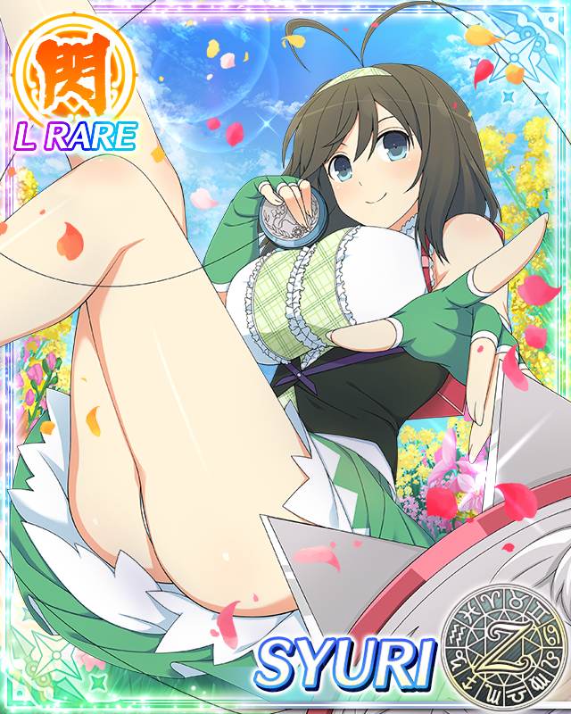 syuri (senran kagura), senran kagura, senran kagura new wave, game cg, non-web source, official art, 1girl, antenna hair, blue eyes, border, breasts, brown hair, card (medium), closed mouth, dress, fingerless gloves, gloves, green dress, green hairband, hairband, large breasts, looking at viewer, medium hair, outdoors, panties, pantyshot, petals, smile, solo, sunlight, underwear, white panties, yo-yo