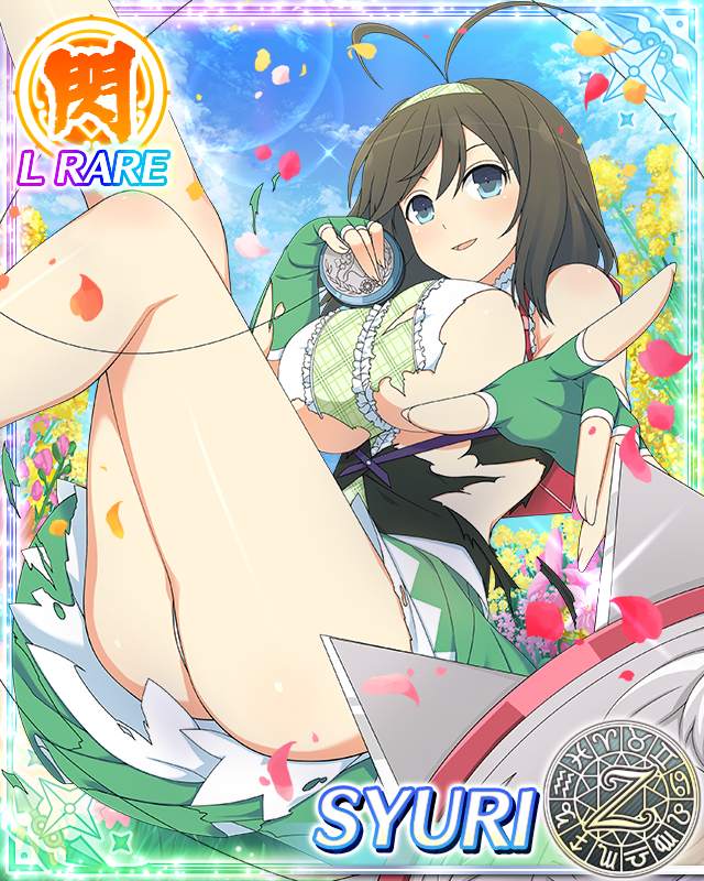 syuri (senran kagura), senran kagura, senran kagura new wave, game cg, non-web source, official art, 1girl, antenna hair, blue eyes, border, breasts, brown hair, card (medium), fingerless gloves, gloves, green gloves, green hairband, hairband, large breasts, looking at viewer, medium hair, open mouth, outdoors, panties, pantyshot, petals, smile, solo, sunlight, torn, torn clothes, underwear, white panties, yo-yo