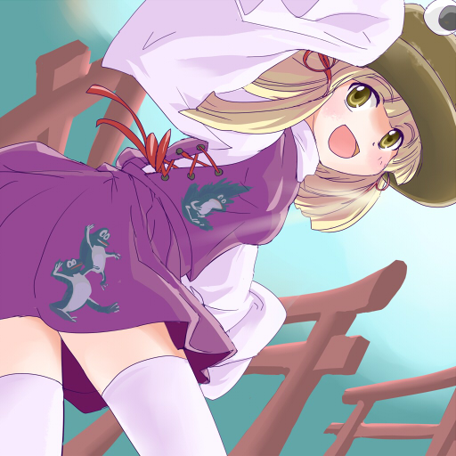 nanami sano, moriya suwako, touhou, 1girl, blonde hair, female focus, frog, hat, outdoors, skirt, sky, solo, thighhighs, torii, yellow eyes, zettai ryouiki