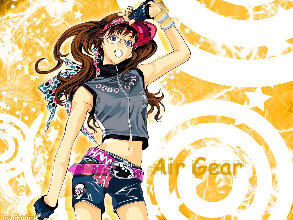 oogure ito, noyamano ringo, air gear, visor, 00s, 1girl, arm up, armpits, belt, blue eyes, brown hair, crop top, elbow pads, female focus, fingerless gloves, glasses, gloves, grin, hat, headband, jacket, long hair, midriff, navel, polka dot, ribbon, shirt, shorts, skull, sleeveless, sleeveless shirt, smile, solo, turtleneck, twintails, visor cap, watermark, wristband, zipper