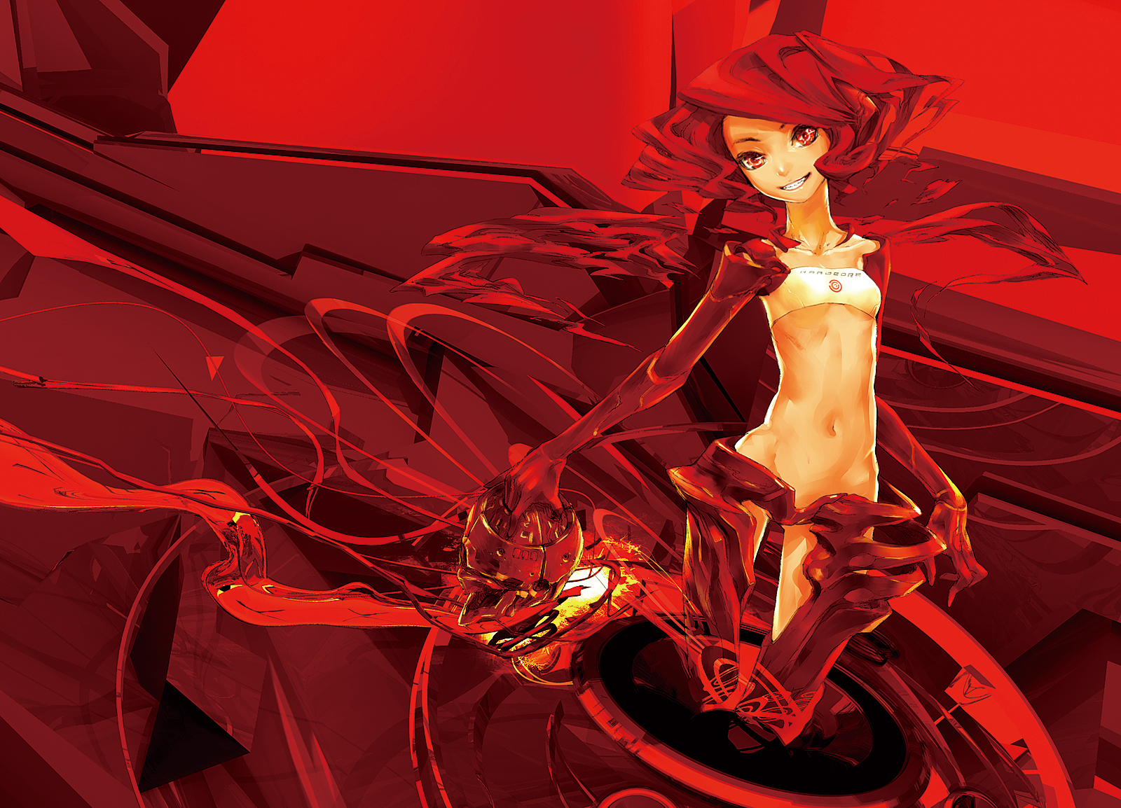 redjuice, original, highres, 1girl, bra, breasts, female focus, flat chest, grin, lingerie, midriff, navel, red eyes, red hair, red theme, small breasts, smile, solo, underwear